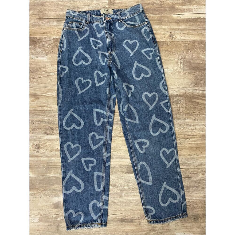 New Look Tori Mom Jeans Heart Pattern Cropped Women’s Size 4